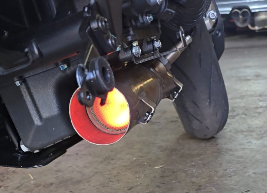Catalytic converter glowing after a hard run, still fully functional